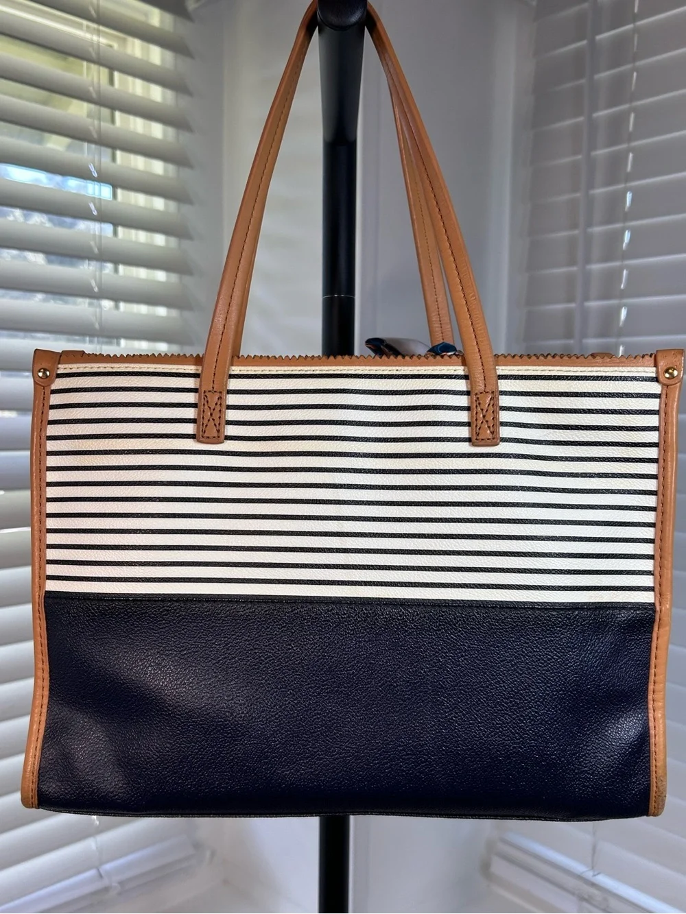 Tory Burch Ella Viva Leather Tote in the distinctive Navy Stripes & Shine design